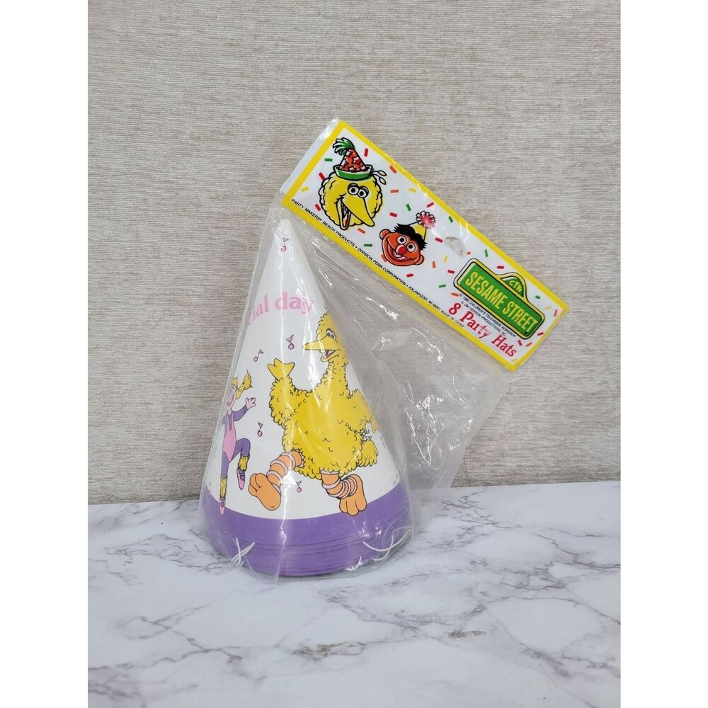 Sesame Street Big Bird Purple Party Hats - 8 Count Vintage 90s Birthday